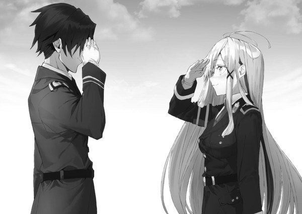 Anime picture 2048x1453 with 86 -eightysix- vladilena millize shinei nouzen shirabi long hair blush highres short hair breasts smile standing payot sky cloud (clouds) upper body ahoge official art monochrome eye contact salute
