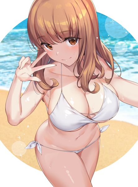 Anime picture 2756x3720 with girls und panzer takebe saori ikomochi single long hair tall image looking at viewer blush fringe highres breasts light erotic smile brown hair large breasts standing brown eyes cleavage blunt bangs beach
