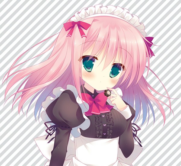 Anime picture 1000x918 with original sumii single long hair looking at viewer blush fringe breasts simple background holding green eyes pink hair arm up maid puffy sleeves striped striped background girl uniform bow