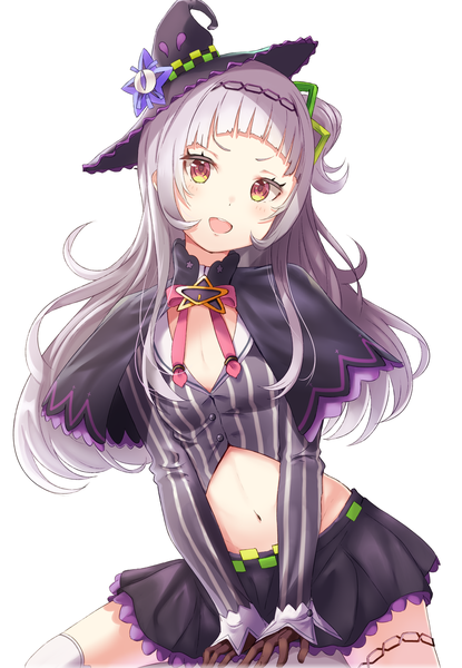 Anime picture 2300x3322 with virtual youtuber hololive murasaki shion murasaki shion (1st costume) shiokazunoko single long hair tall image looking at viewer highres open mouth simple background red eyes white background silver hair midriff hair bun (hair buns) girl skirt navel