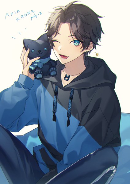 Anime picture 1414x2000 with virtual youtuber nijisanji axia krone axia krone (2nd costume) risutora desu single tall image short hair open mouth blue eyes black hair sitting one eye closed wink character names official alternate costume ;d boy pendant hood