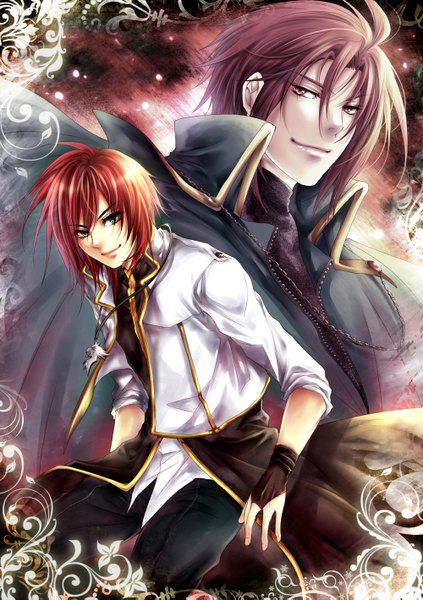 Anime picture 1000x1419 with sukiblog tall image looking at viewer short hair smile red eyes green eyes red hair light smile boy jacket pendant cloak
