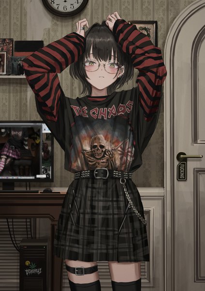 Anime picture 2894x4093 with original nadegata single tall image looking at viewer blush highres short hair black hair standing yellow eyes indoors long sleeves arms up short sleeves piercing plaid skirt ear piercing striped girl