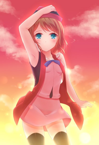 Anime picture 2031x2952 with pokemon pokemon xy nintendo serena (pokemon) zhou yu (ppaaqz1995) single tall image looking at viewer blush fringe highres short hair breasts blue eyes sky cloud (clouds) red hair wind armpit (armpits) zettai ryouiki