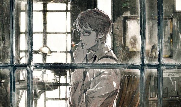Anime picture 1417x842 with humi (artist) single short hair wide image holding profile smoke boy shirt glasses necktie window fire cigarette suspenders mirror