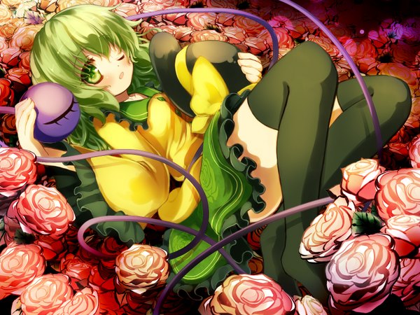 Anime picture 1600x1200 with touhou komeiji koishi gengetsu chihiro single looking at viewer blush short hair open mouth green eyes lying long sleeves one eye closed green hair wink wide sleeves on back girl thighhighs skirt flower (flowers)
