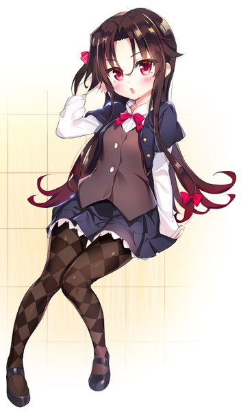 Anime picture 1571x2677 with ryuuou no oshigoto! yashajin ai youta single long hair tall image looking at viewer blush fringe open mouth simple background hair between eyes red eyes brown hair payot full body bent knee (knees) long sleeves pleated skirt :o