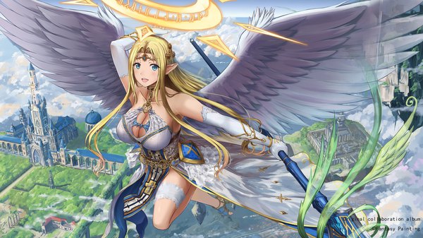 Anime picture 1920x1080 with original huanghyy single long hair looking at viewer blush highres breasts open mouth blue eyes light erotic blonde hair smile wide image holding cloud (clouds) from above pointy ears arm behind head flying