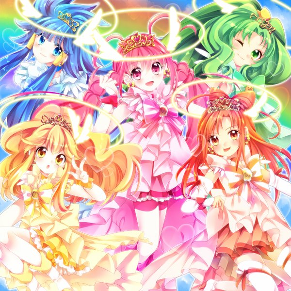 Anime picture 1500x1500 with precure smile precure! toei animation aoki reika kise yayoi midorikawa nao hoshizora miyuki hino akane (smile precure!) cure beauty cure peace cure happy cure march cure sunny uzuki aki long hair looking at viewer blush open mouth blue eyes blonde hair