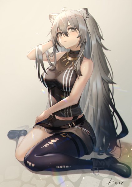 Anime picture 2894x4093 with virtual youtuber hololive shishiro botan shishiro botan (1st costume) ioriwu8 single long hair tall image looking at viewer blush fringe highres breasts simple background hair between eyes large breasts sitting bare shoulders signed animal ears