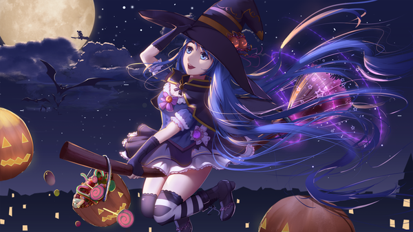 Anime-Bild 1920x1080 mit vocaloid hatsune miku yuuta (806350354) single highres open mouth blue eyes wide image blue hair very long hair night night sky halloween broom riding girl thighhighs dress gloves hat black gloves