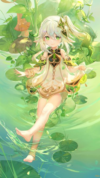 Anime picture 1406x2500 with genshin impact nahida (genshin impact) atdan single long hair tall image looking at viewer blush fringe smile hair between eyes sitting green eyes full body pointy ears bare legs partially submerged side ponytail gradient hair girl