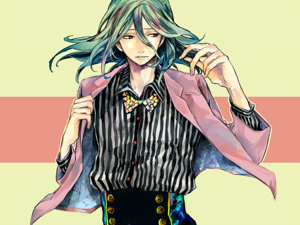 Anime picture 1000x750 with yowamushi pedal makishima yuusuke tagme (artist) single long hair standing looking away multicolored hair green hair lips open clothes mole two-tone hair alternate costume mole under eye mole under mouth boy shirt buttons suit
