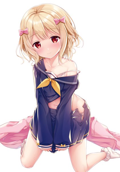 Anime picture 1200x1711 with original sousouman single tall image looking at viewer blush fringe short hair light erotic simple background blonde hair red eyes white background full body head tilt pleated skirt off shoulder kneeling sleeves past wrists strap slip