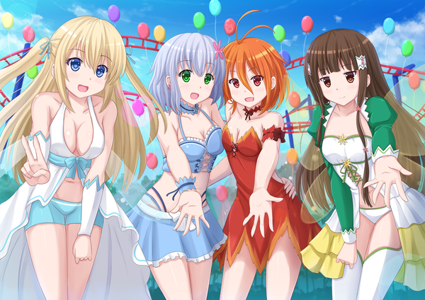 Anime picture 1697x1200 with amagi brilliant park kyoto animation muse (amaburi) sylphy (amaburi) koborii (amaburi) salama (amaburi) kazenokaze long hair looking at viewer short hair open mouth blue eyes light erotic black hair blonde hair red eyes multiple girls green eyes blue hair cleavage