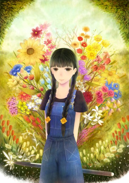 Anime picture 2894x4093 with original bounin single long hair tall image highres black hair smile absurdres braid (braids) black eyes girl flower (flowers) sunflower