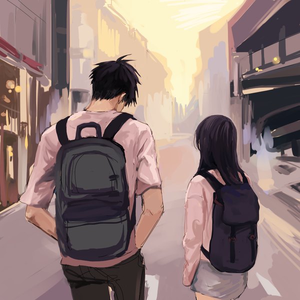 Anime picture 1000x1000 with original pancake-waddle long hair short hair black hair ahoge from behind blurry back city walking hands in pockets girl boy skirt miniskirt building (buildings) t-shirt backpack