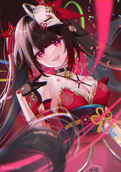 Anime picture 1270x1794 with honkai: star rail honkai (series) sparkle (honkai: star rail) yuuyu (moco20111115) single long hair tall image looking at viewer fringe breasts light erotic smile brown hair large breasts standing twintails bare shoulders signed payot cleavage