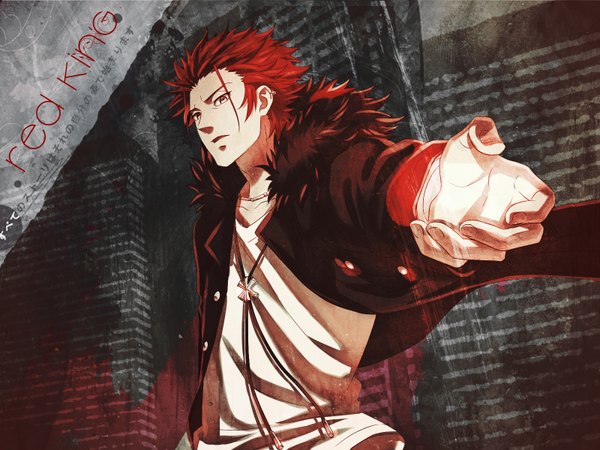 Anime picture 1600x1200 with k-project gohands (studio) mikoto suoh single short hair open mouth yellow eyes looking away red hair inscription open clothes open jacket boy jacket pendant