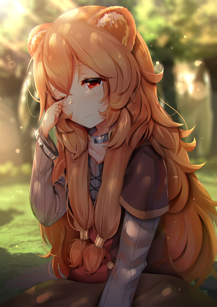 Anime picture 2733x3864 with tate no yuusha no nariagari kinema citrus raphtalia tsukimaru single long hair tall image blush fringe highres hair between eyes red eyes sitting animal ears payot looking away outdoors one eye closed sunlight blurry