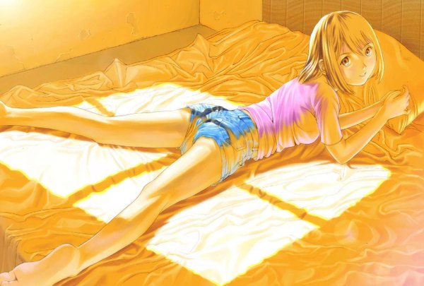 Anime picture 1400x946 with hikaru no go studio pierrot nase asumi sugaishi (unbr) single looking at viewer short hair brown eyes ass indoors lying barefoot orange hair bare legs spread legs turning head on stomach yellow background girl shorts