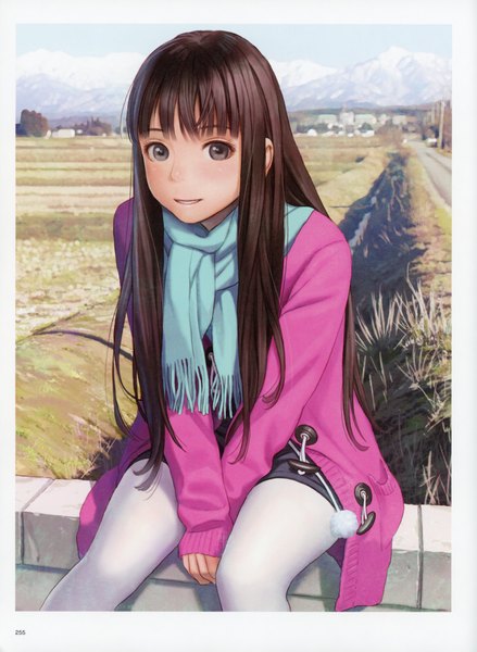 Anime picture 5092x6966 with futurelog (artbook) range murata single long hair tall image looking at viewer fringe highres brown hair sitting brown eyes absurdres blunt bangs parted lips light smile scan border sleeves past wrists mountain scenic