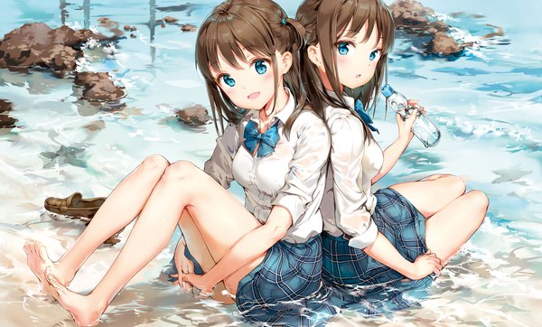 Anime picture 1717x1037 with original anmi long hair looking at viewer blush fringe highres open mouth blue eyes light erotic smile brown hair wide image sitting multiple girls holding full body bent knee (knees) outdoors head tilt