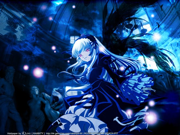 Anime picture 1600x1200 with rozen maiden suigintou rabbity818 single long hair looking at viewer red eyes standing signed white hair indoors copyright name third-party edit girl dress hairband statue