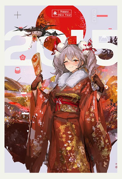 Anime picture 798x1168 with original lm7 (op-center) long hair tall image blush red eyes twintails traditional clothes japanese clothes one eye closed grey hair wink wide sleeves fur trim floral print border new year happy new year 2015 hair ornament