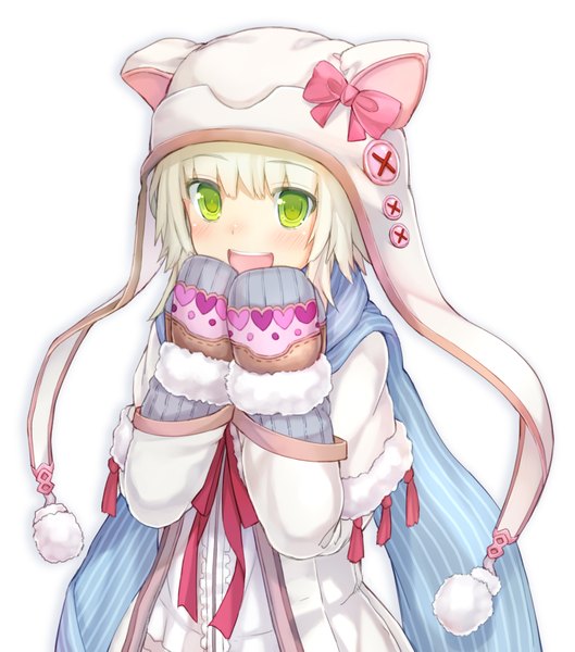 Anime picture 2050x2325 with momoiro taisen pairon namaru (summer dandy) single tall image blush highres short hair open mouth simple background white background green eyes white hair girl bow scarf cap mittens
