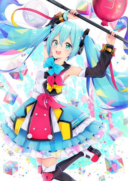 Anime picture 850x1200 with vocaloid magical mirai (vocaloid) hatsune miku magical mirai miku magical mirai miku (2018) hijouguti single tall image looking at viewer blush fringe open mouth hair between eyes standing holding ahoge bent knee (knees) very long hair :d aqua eyes