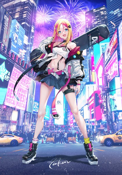Anime picture 1015x1450 with virtual youtuber fukai ryosuke long hair tall image looking at viewer blush fringe open mouth blue eyes blonde hair smile hair between eyes standing bare shoulders pink hair full body head tilt :d multicolored hair off shoulder