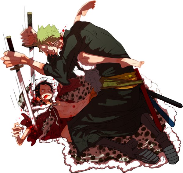 Anime picture 1415x1336 with one piece toei animation monkey d. luffy roronoa zoro star (artist) short hair black hair white background barefoot green hair topless battle spoilers guro boy weapon sword tongue katana blood