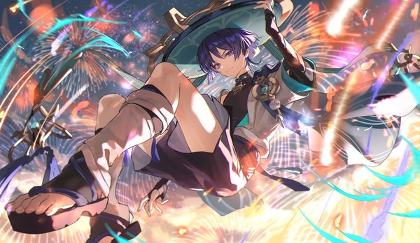 Anime picture 3732x2164 with genshin impact scaramouche (genshin impact) wanderer (genshin impact) koujisako single looking at viewer highres short hair smile wide image purple eyes absurdres purple hair full body from below fireworks boy hat vision (genshin impact)