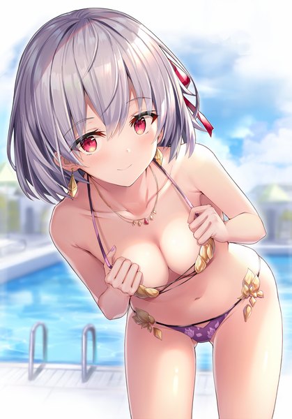 Anime picture 865x1238 with fate (series) fate/grand order kama (fate) rin yuu single tall image looking at viewer blush fringe short hair breasts light erotic smile hair between eyes red eyes standing bare shoulders sky cleavage silver hair