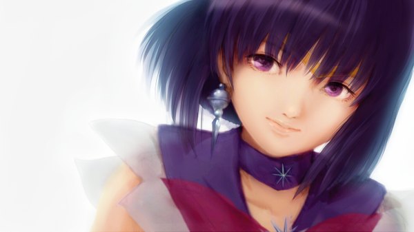 Anime picture 1335x750 with bishoujo senshi sailor moon toei animation tomoe hotaru sailor saturn 123 (tyamaguch) single looking at viewer short hair black hair wide image white background purple eyes girl earrings