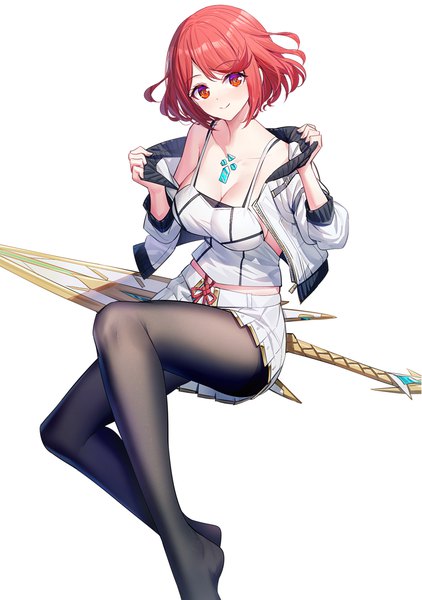 Anime picture 900x1280 with xenoblade xenoblade 2 pyra (xenoblade) ririko (zhuoyandesailaer) single tall image looking at viewer fringe short hair breasts simple background red eyes large breasts white background sitting cleavage bent knee (knees) red hair from above open jacket