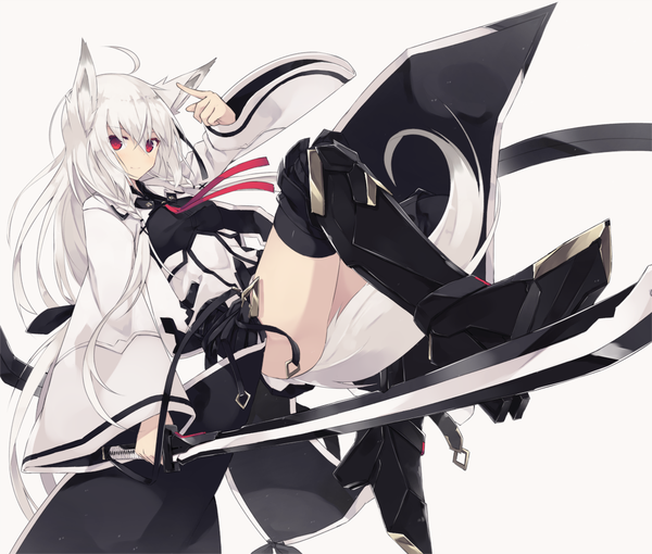 Anime-Bild 1134x964 mit original nagishiro mito single long hair looking at viewer blush fringe light erotic simple background hair between eyes red eyes white background holding animal ears ahoge bent knee (knees) white hair tail animal tail light smile