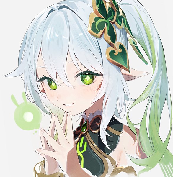Anime picture 2271x2327 with genshin impact nahida (genshin impact) seelie (genshin impact) aoppoi oto single long hair tall image looking at viewer blush fringe highres simple background smile hair between eyes white background green eyes upper body white hair multicolored hair green hair