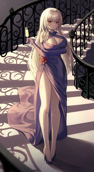 Anime-Bild 1092x2000 mit original lin (user uzmw2535) single long hair tall image looking at viewer blush fringe breasts light erotic smile red eyes large breasts standing holding payot cleavage silver hair full body indoors