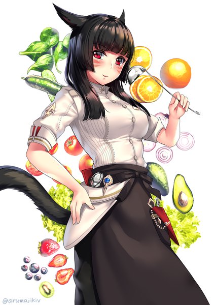 Anime picture 707x1000 with final fantasy final fantasy xiv square enix miqo'te aruma jiki single long hair tall image looking at viewer blush fringe black hair simple background red eyes standing white background holding signed animal ears tail