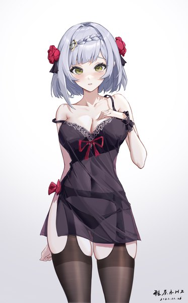 Anime picture 1944x3125 with genshin impact noelle (genshin impact) chamuhz single tall image looking at viewer blush fringe highres short hair breasts light erotic simple background large breasts standing bare shoulders green eyes signed silver hair blunt bangs