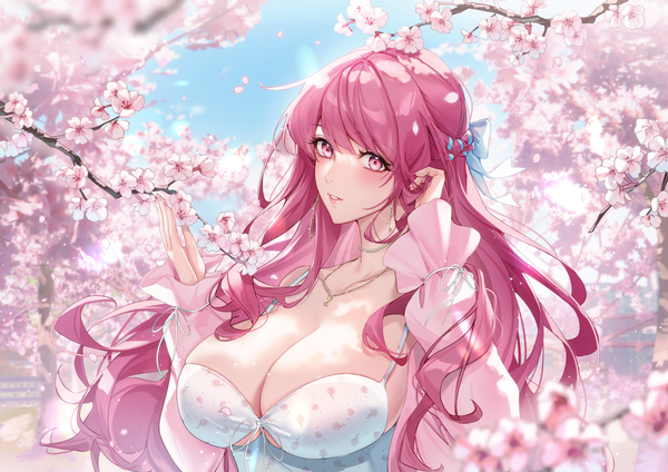 Anime picture 1228x868 with koi ni tsuite 0.1-paasento shiren (koi ni tsuite 0.1-paasento) nu10040904 single long hair looking at viewer blush fringe breasts light erotic pink hair sky cleavage upper body outdoors braid (braids) long sleeves nail polish parted lips pink eyes