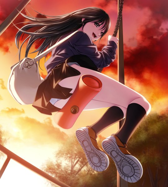 Anime picture 900x1000 with original rezi single long hair tall image open mouth light erotic black hair cloud (clouds) black eyes pantyshot evening sunset pantyshot sitting girl skirt underwear panties socks black socks