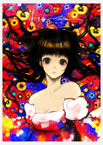 Anime picture 2604x3682 with say hana single long hair tall image fringe highres brown hair bare shoulders green eyes cleavage lying from above lips on back colorful girl flower (flowers)