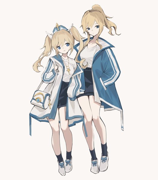 Anime picture 1170x1331 with genshin impact jean gunnhildr barbara (genshin impact) feitaru long hair tall image blue eyes simple background blonde hair white background twintails multiple girls full body ponytail open clothes alternate costume hand in pocket siblings sisters contemporary
