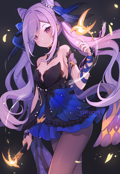 Anime picture 1200x1738 with genshin impact keqing (genshin impact) keqing (opulent splendor) (genshin impact) yenkoes single long hair tall image blush fringe breasts simple background hair between eyes purple eyes twintails bare shoulders holding signed payot looking away purple hair