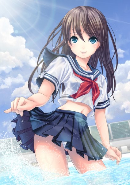 Anime picture 1654x2339 with original moe2013 ootake tomoko single long hair tall image blue eyes light erotic black hair cloud (clouds) pantyshot girl skirt miniskirt serafuku