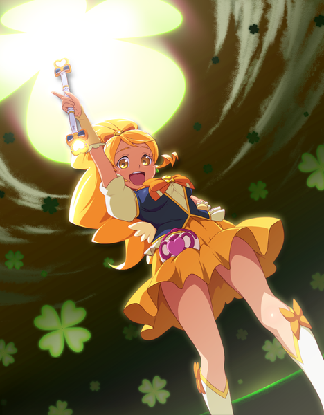 Anime-Bild 952x1220 mit precure happinesscharge precure! toei animation cure honey uganda single long hair tall image looking at viewer open mouth blonde hair yellow eyes ponytail :d arm up from below magical girl girl knee boots