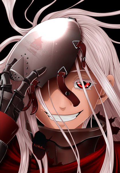 Anime picture 836x1200 with deadman wonderland shiro (deadman wonderland) juno-glare single long hair tall image simple background smile red eyes silver hair grin coloring black background portrait face girl mask